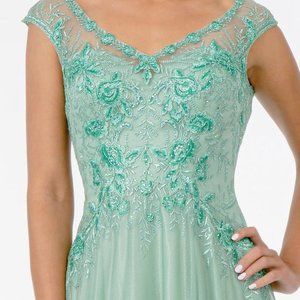 Mint Green Mother of Bride Embroidered Bodice V-Neck Long Dress w/ V-Back GL1826